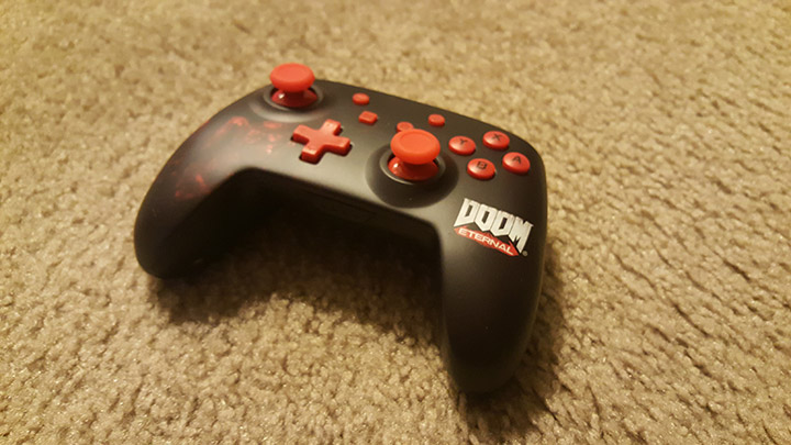 Front and overhead look at PowerA's Doom Eternal-themed wireless controller for Nintendo Switch
