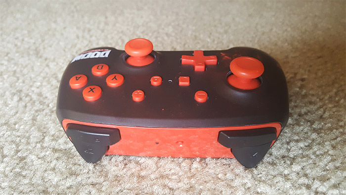 Backside view of the PowerA Doom Eternal-themed wireless controller for Nintendo Switch