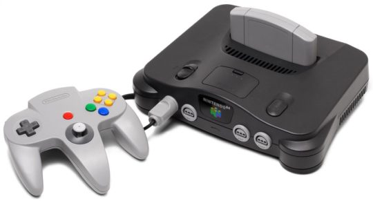Nintendo 64 console and controller on white background
