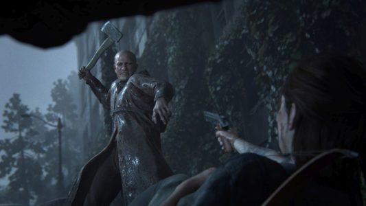 Scene from The Last of Us 2, showing a confrontation between an axe-wielder and a pistol-wielder