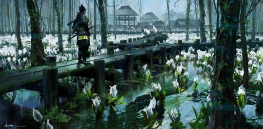 Image of person walking down a path between flowers and water in Ghost of Tsushima game