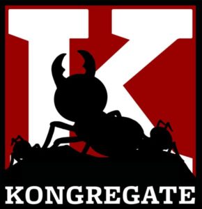 Kongregate logo featuring a black ant silhouette and a large "K" on a red background