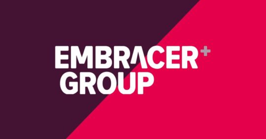 Embracer Group logo on black and red background