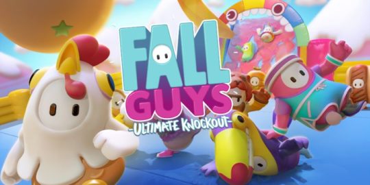 Fall Guys logo on colorful background with the game's characters