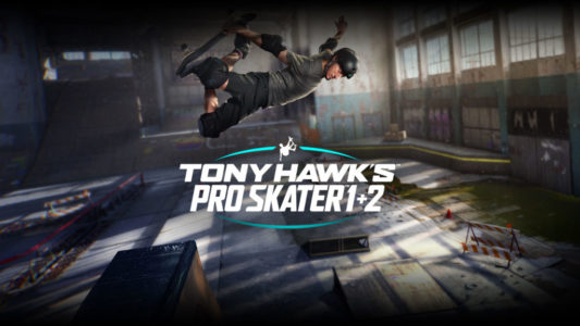 Tony Hawk performing a skating move with game title in foreground 