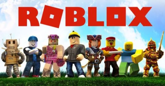 "Roblox" logo with an array of Roblox pixel characters shown underneath the logo