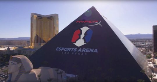 HyperX Esports Arena branding on the the Luxor Hotel in Las Vegas