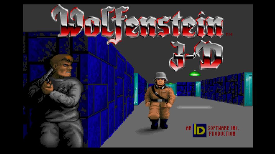 "Wolfenstein 3D" game title screen, with the main character about to ambush an enemy