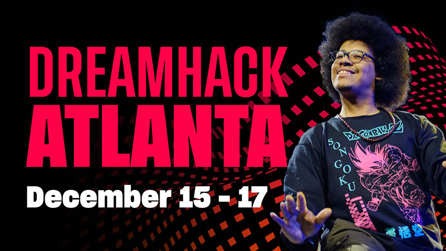 Banner for "DreamHack Atlanta 2023" with a smiling gamer featured,