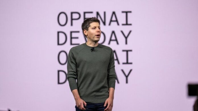 Image of Sam Altman keynoting at OpenAI DevDay 2023