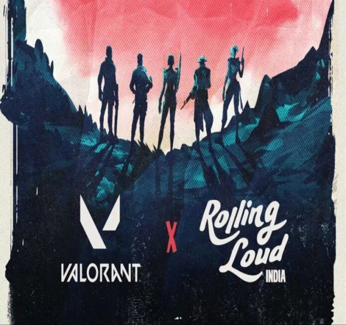 Valorant and Rolling Loud India collaboration text with red, dark blue, and black backdrop