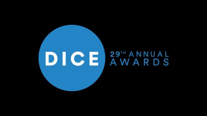 29th annual DICE Awards text in white and blue across blue circle on black background.