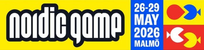 Nordic Game white and black logo on yellow background to the left, with May 26-29 Malmo, Sweden info to the right