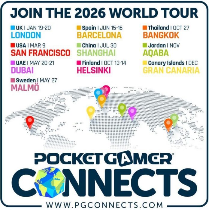 Pocket Gamer Connects logo with an image of the globe and dates and locations for their events in 2026.