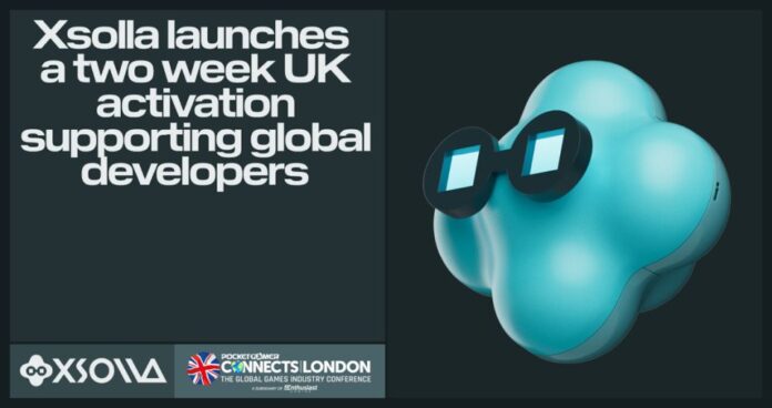 Xsolla UK game developer events announceme next to logo of cloud sporting sunglasses, followed by Xsolla and Pocket Gamer Connects London logos