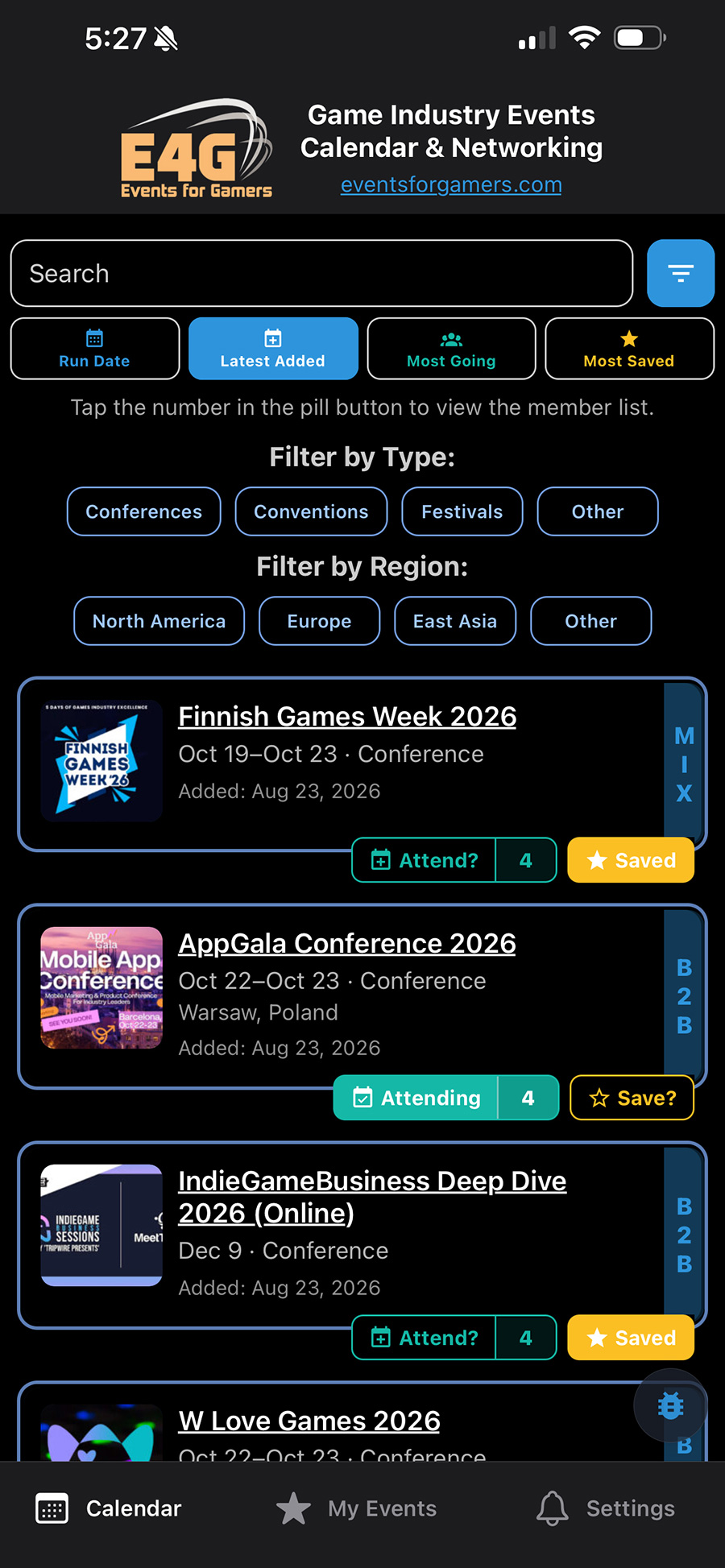 Game Industry Events app showing the event calendar