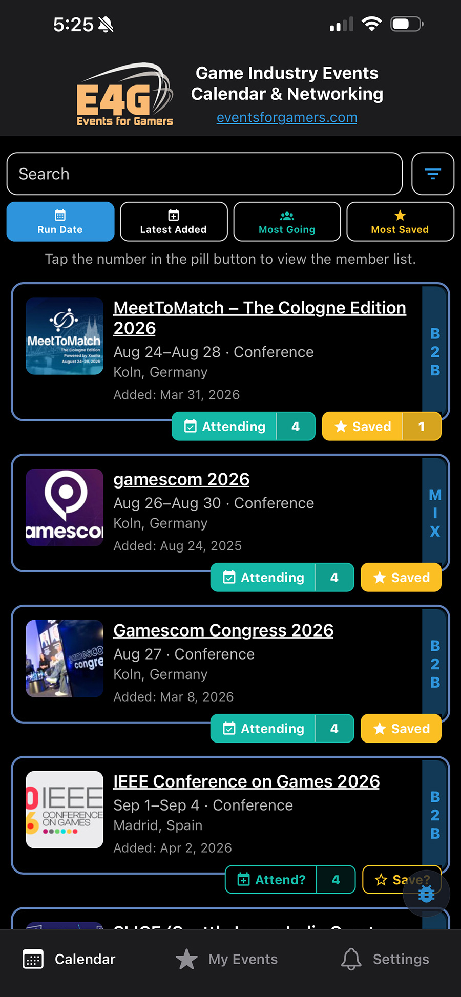 Search and filter game industry events in the app