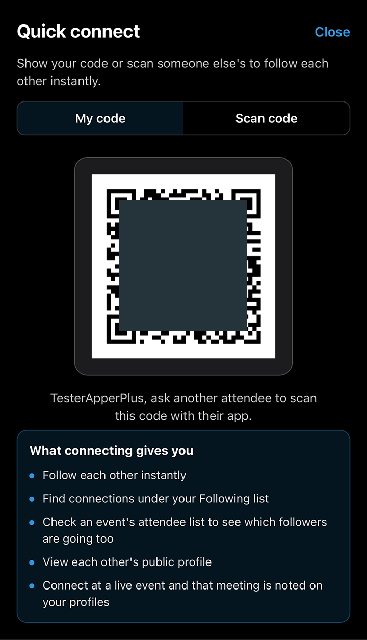 QR connect and follow members in the app